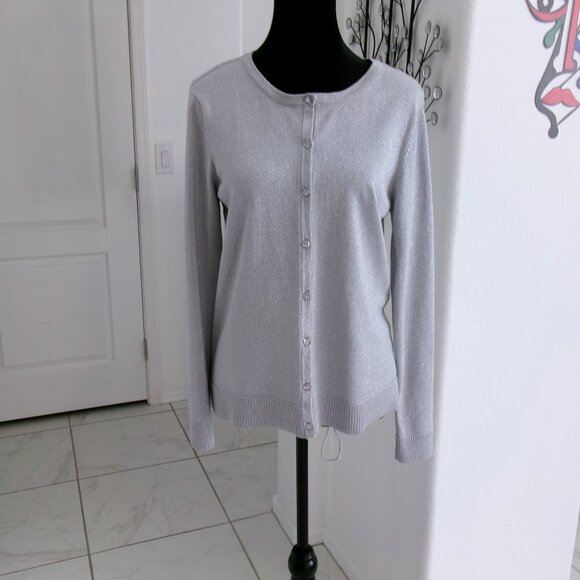 Like New Christoper & Banks Sparkly Silver Cardigan Sweater S - Picture 3 of 10